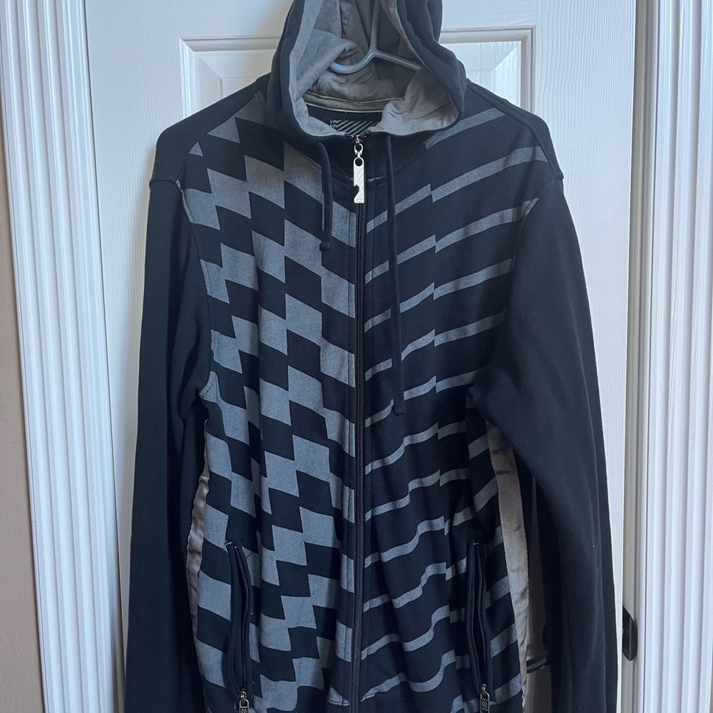 Men’s Large Slim Fit Oakley Black Gray Reflective Hoodie Zip Up Jacket Vintage